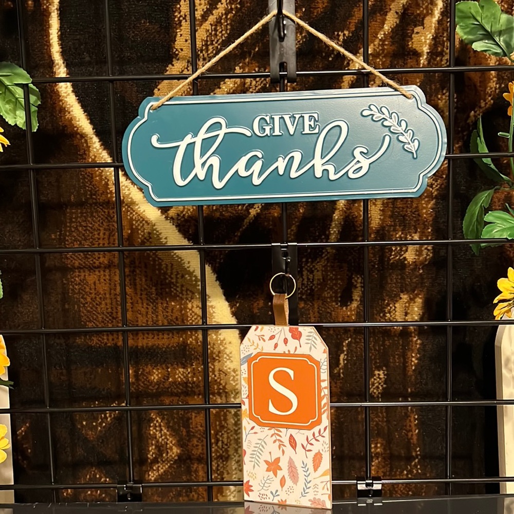 New Harvest Floral Letter “S” Monogram Wall Decor & “Give Thanks” Metal Plaque